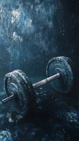 Iron barbell waits in moody blue grit-soaked training void.