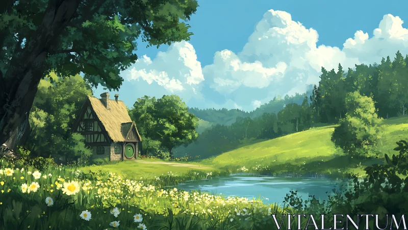 Idyllic thatched cottage by reflective meadow pond under cumulus.