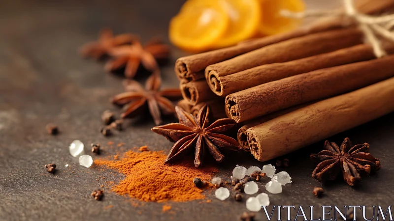 Whole cinnamon sticks with star anise and sugar crystals.