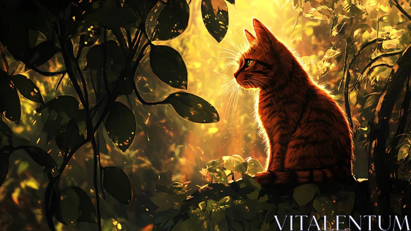 Golden forest light surrounds solitary contemplative cat.