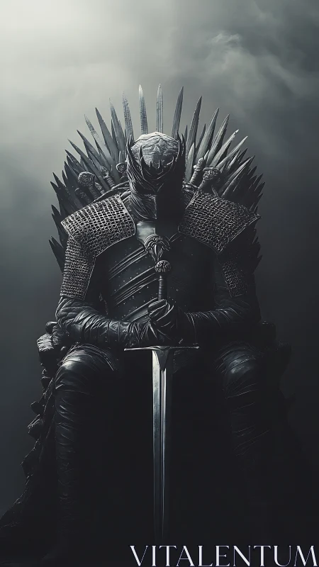 Shadow-forged warlord broods upon a jagged iron throne.