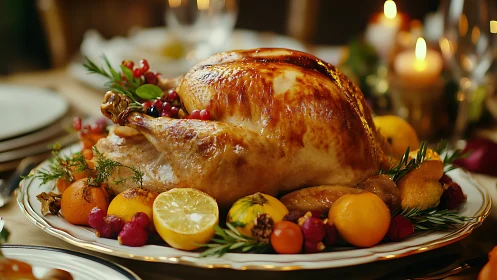 Roast turkey rests on platter with citrus garnish and herbs