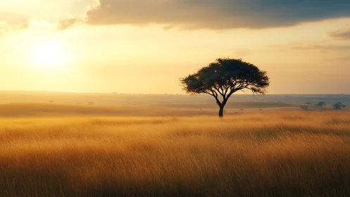 Solitary acacia tree stands over golden savanna at sunset