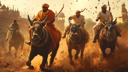 Dust storms rise as decorated buffalo racers charge forward