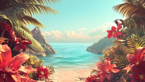 Tropical Paradise Cove: Red Flowers Frame Azure Waters.