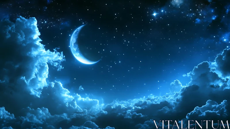 Crescent moon above dense illuminated night clouds