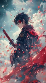 Red-scarfed anime swordsman in swirling petals and sky.