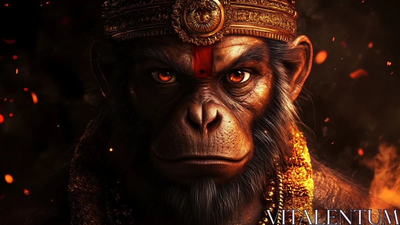 Regal monkey deity gazing through glowing embers with calm.