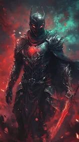 Armored void knight with emissive core and incendiary blade.