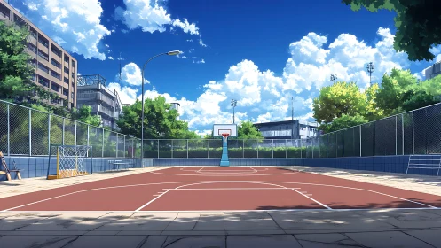 Sunny urban basketball court stands empty under blue sky.