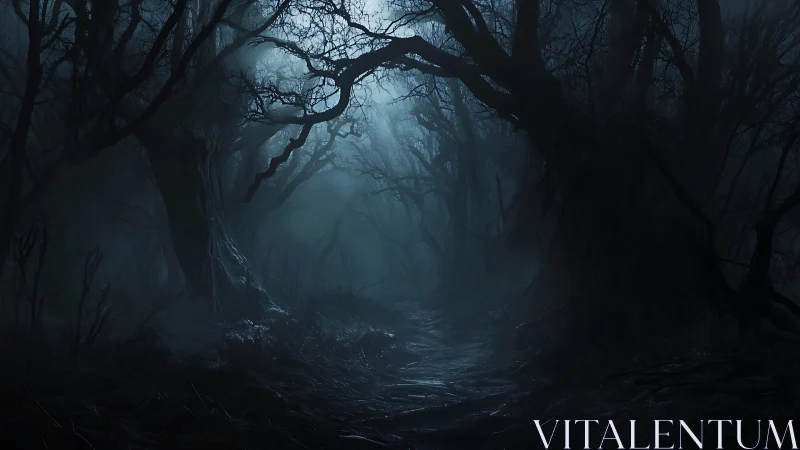 Nocturnal fog obscures a twisted forest path in chiaroscuro