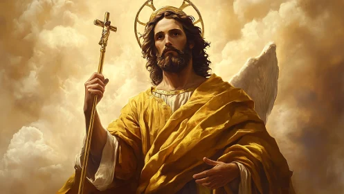 Radiant robed angelic figure stands against luminous clouds