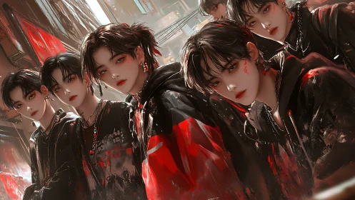 Stylish street rebels sharing a bold, electric moment together.