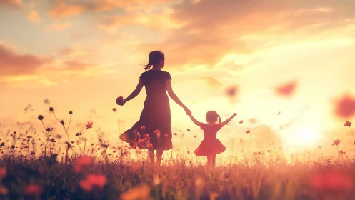 Silhouetted woman and child in field under orange sunset sky.