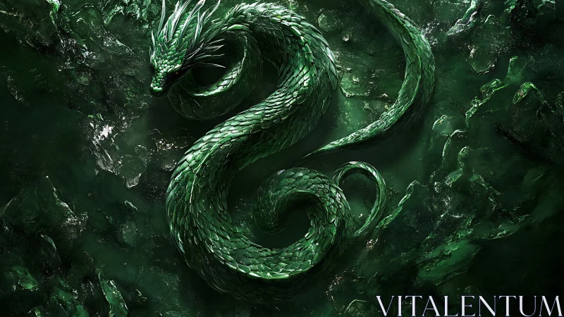 Emerald serpentine dragon coils dynamically in crystalline depths