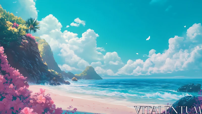 Tropical Paradise Beach with Pink Flowering Cliffs and Turquoise Waters