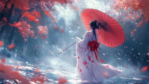 Crimson umbrella drifting through misty cherry reverie.