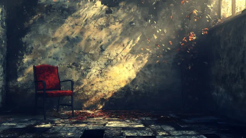 Red armchair in sunlit decayed room with creeping foliage.