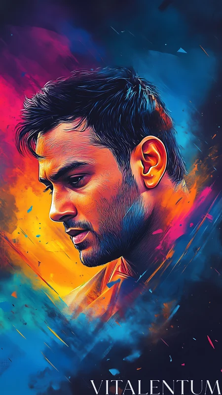 Digital painting portrait in neon duotone chromatic fusion.