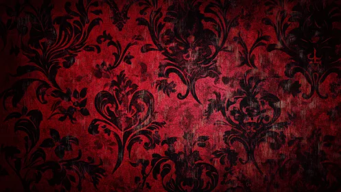 Damask floral wallpaper pattern on distressed crimson backdrop