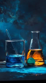 Colorful science beakers glowing with blue and amber light.