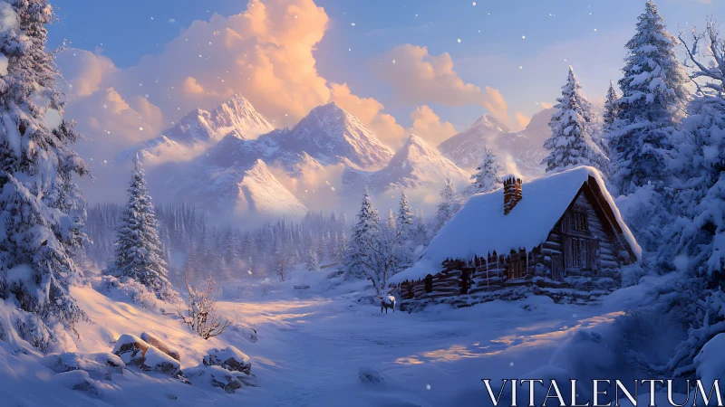 Radiant alpine snowfall encasing log cabin and pine forest.