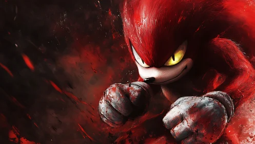 Red anthropomorphic character in dynamic forward motion.