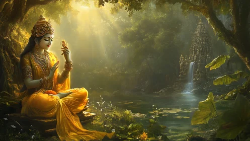Golden goddess in a forest shrine of soft morning light.