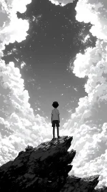 Solitary boy on rocky peak under vast starry sky.