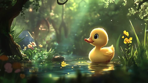 Yellow duckling in soft lit forest pond environment.