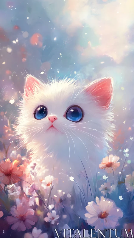 Luminescent Feline Guardian Surrounded by Ethereal Blooms