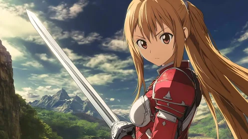 Anime swordswoman stands in red armor before distant mountains