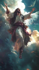Robe-clad figure ascends through illuminated clouds with dove overhead