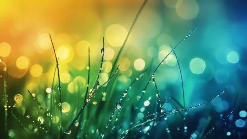 Glowing morning dew on grass in vibrant bokeh spectrum.