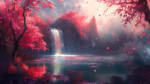 Blossomfall cascade in a dreamlit crimson forest lagoon.