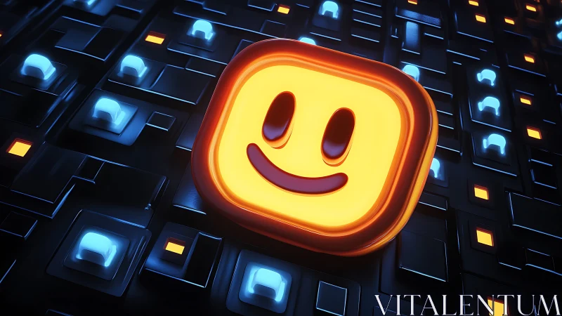 Glowing smiley tile over neon cyber grid pattern.