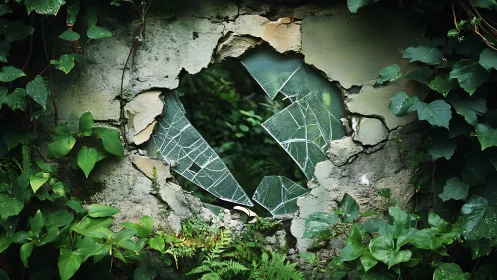 Broken wall opening with foliage and fractured glass panel.