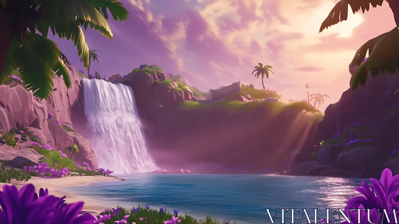 Enchanted Tropical Lagoon: Digital Landscape with Cascading Waterfall.