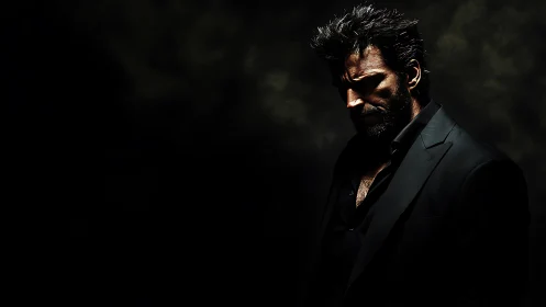 Brooding bearded man in dark suit against shadowed void.