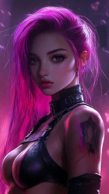 Neon rebel in pink light with bold gaze and quiet power.