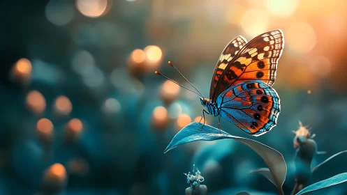 Sunlit butterfly rests on leaf in dreamy bokeh garden.