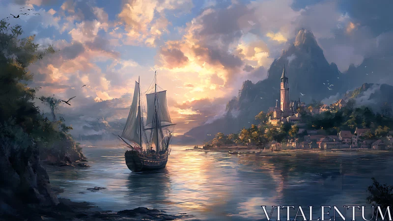 Sunlit harbor village welcomes a calm, homebound ship.