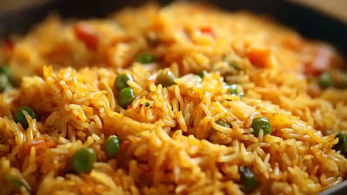 Close-up view of spiced vegetable rice with green peas.