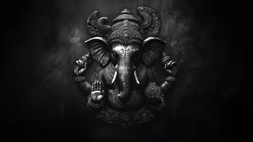 Ganesh relief sculpture rendered in dramatic monochrome light.