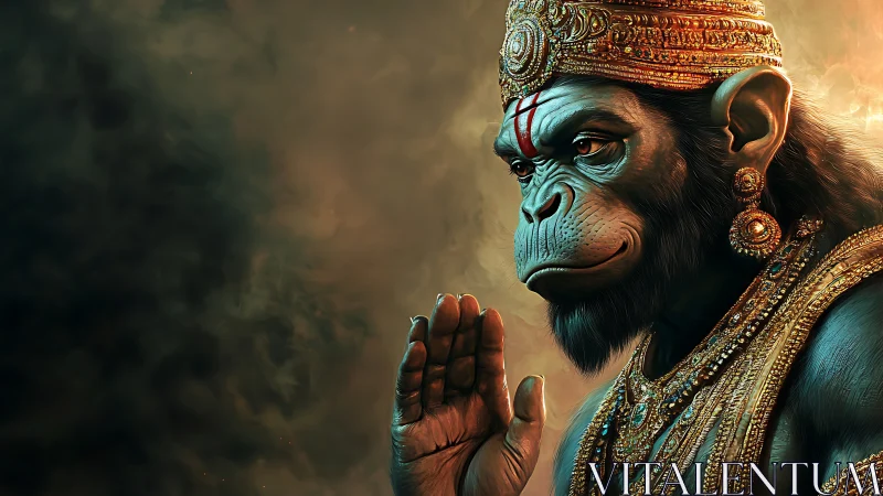 Divine simian warrior raises blessing hand in smoke-lit glow.