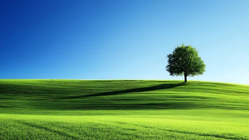 Solitary deciduous tree on sunlit green hill under clear sky
