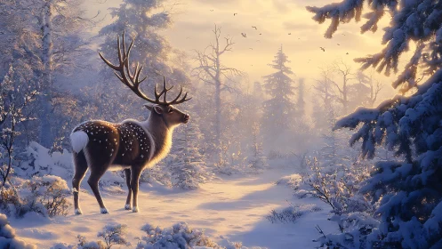 Cinematic digital stag in luminous winter forest tableau.