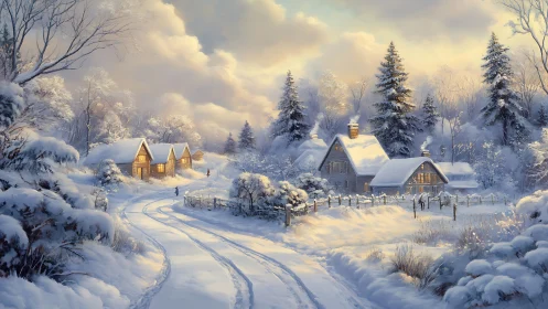 Snowy village lane glows with warm cottage lights at dusk.