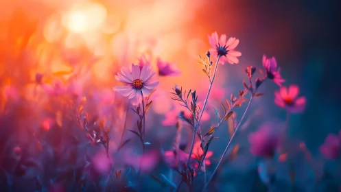 Soft wildflowers glow gently in dreamy sunset colors