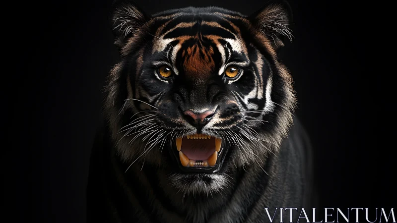 Snarling tiger portrait with sharp teeth against black background.